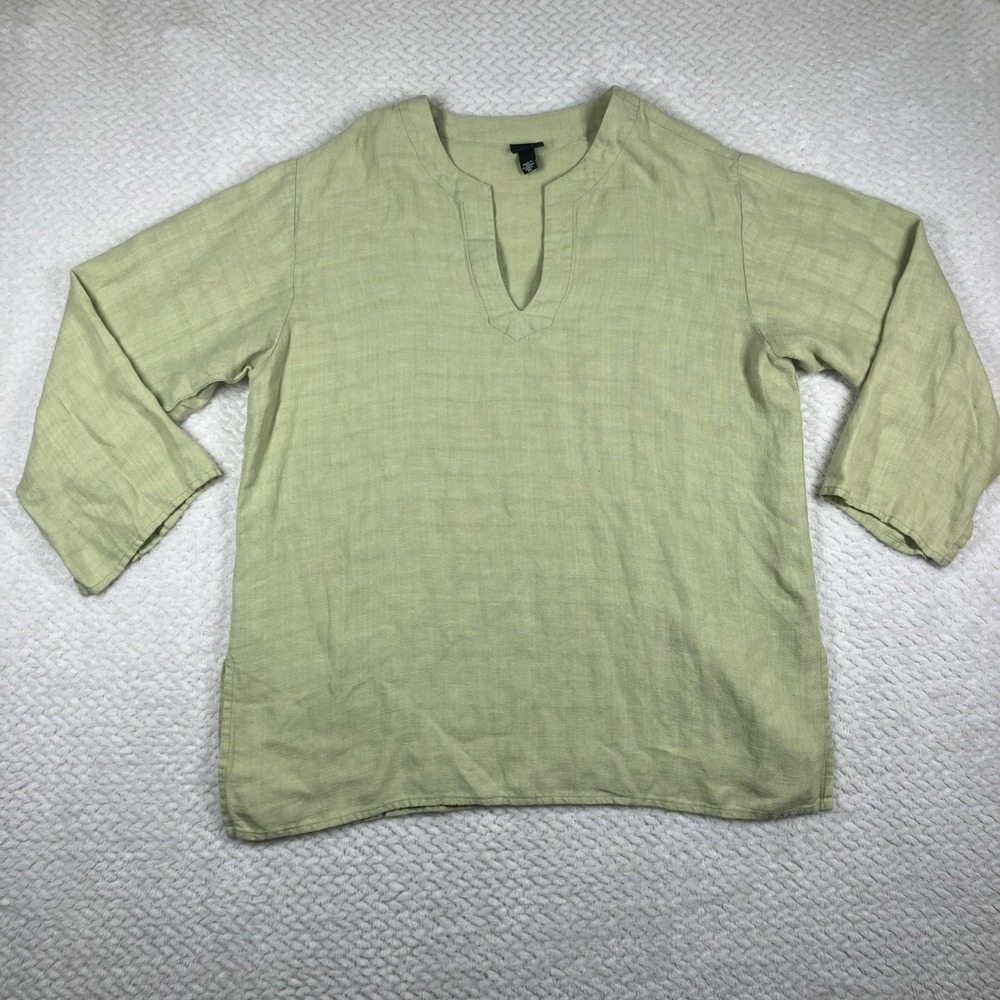 Eileen Fisher XL Linen Peasant Tunic Top Green Popover Lagenlook Breathable USA